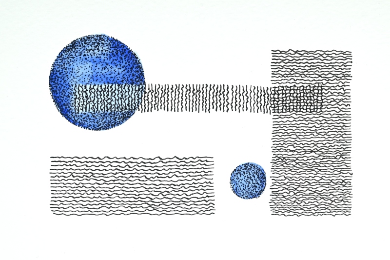 Postcard with blue circles and lines